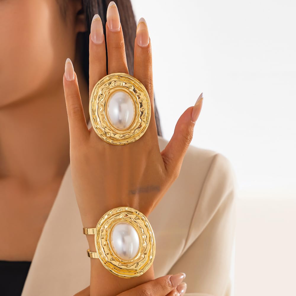 OIDIMS Chunky Pearl Statement Rings for Women Gold Plated Baroque Irregular Pearl Open Adjustable Large Ring Exaggeration Knuckle Finger Rings Promise Engagement Fashion Wedding Jewelry Accessories
