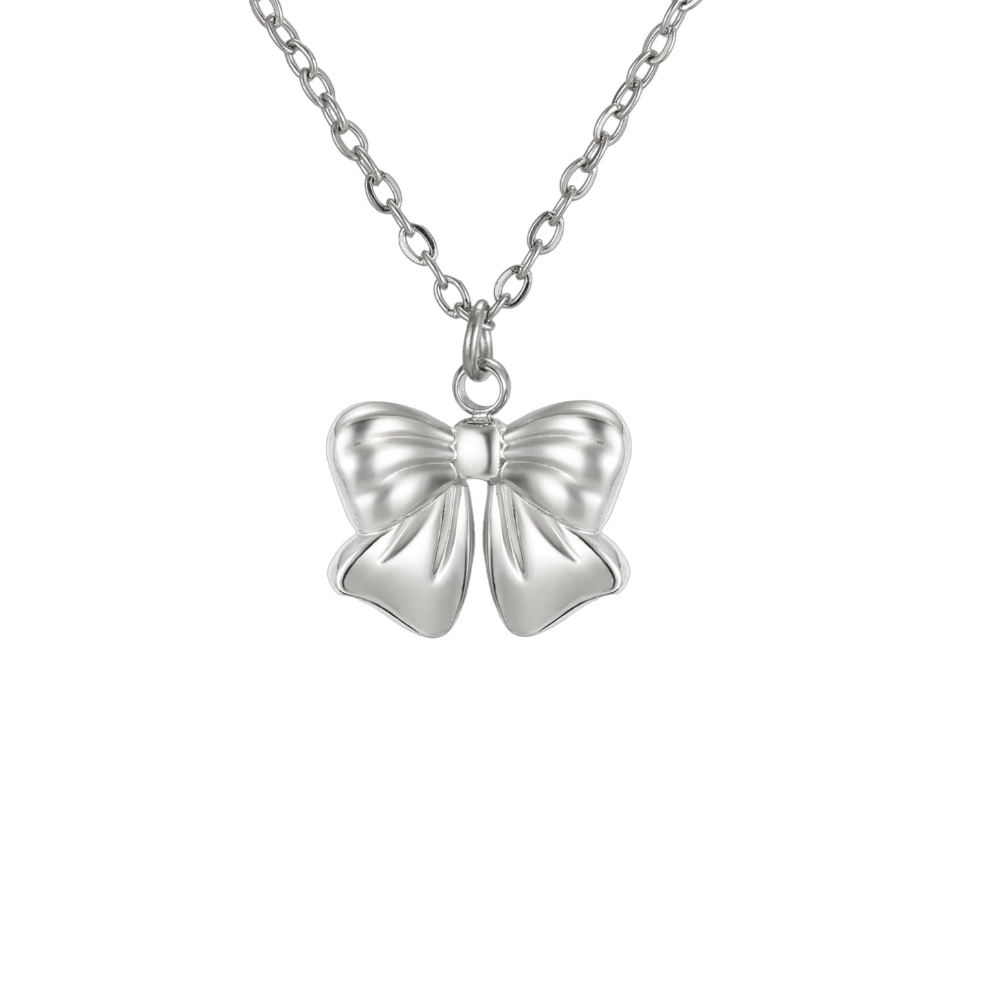 kkjoy Cute Small Tiny Bow Necklace Stainless Steel Silver Plated Dainty Ribbon Bow Tie Pendant Necklace Butterfly Bowknot Jewelry for Women Charming Ladies (Style 2, Silver)