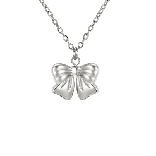 kkjoy Cute Small Tiny Bow Necklace Stainless Steel Silver Plated Dainty Ribbon Bow Tie Pendant Necklace Butterfly Bowknot Jewelry for Women Charming Ladies (Style 2, Silver)
