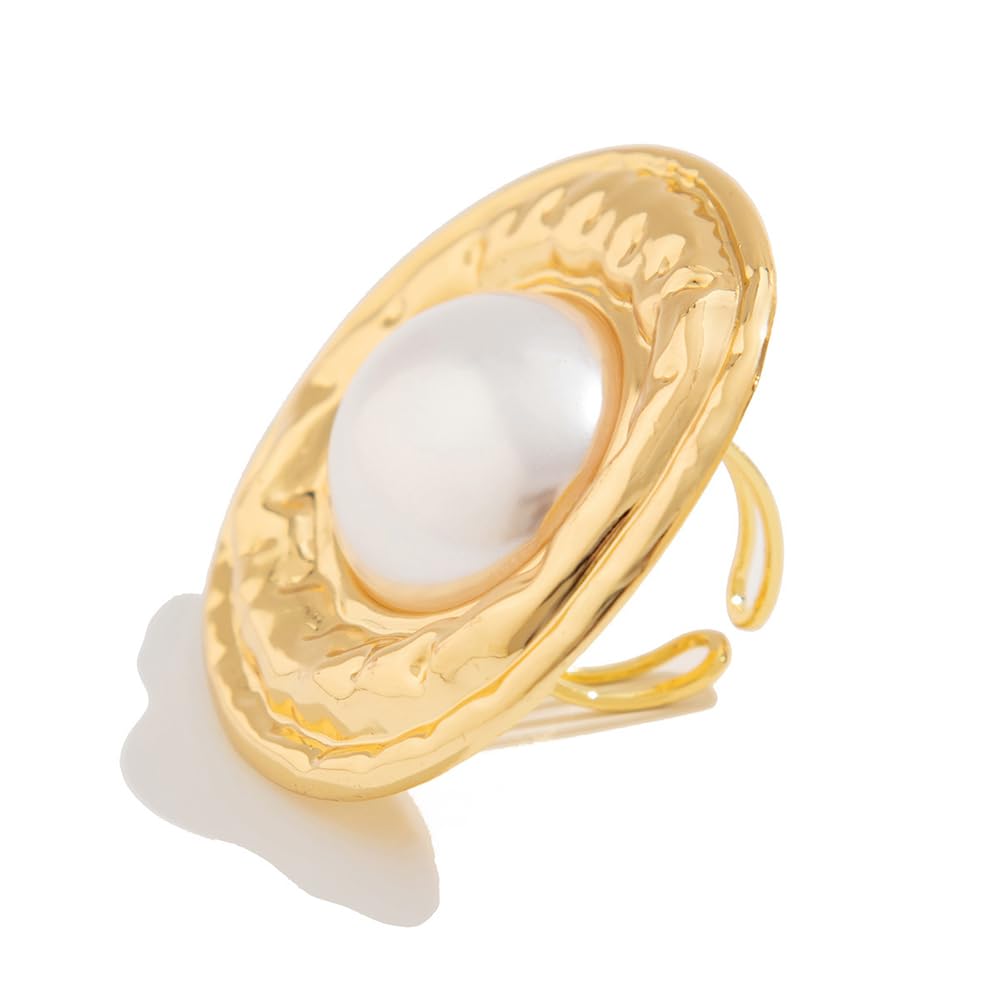 OIDIMS Chunky Pearl Statement Rings for Women Gold Plated Baroque Irregular Pearl Open Adjustable Large Ring Exaggeration Knuckle Finger Rings Promise Engagement Fashion Wedding Jewelry Accessories