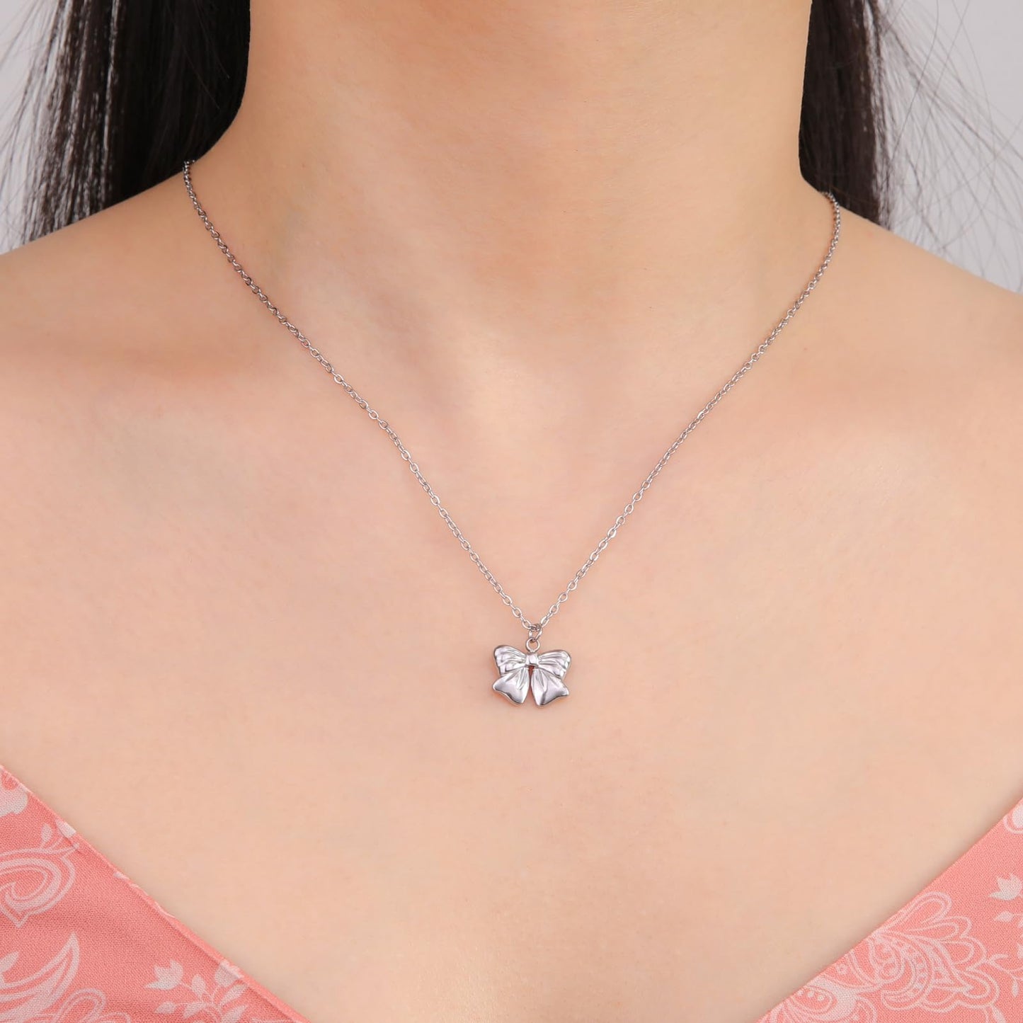 kkjoy Cute Small Tiny Bow Necklace Stainless Steel Silver Plated Dainty Ribbon Bow Tie Pendant Necklace Butterfly Bowknot Jewelry for Women Charming Ladies (Style 2, Silver)