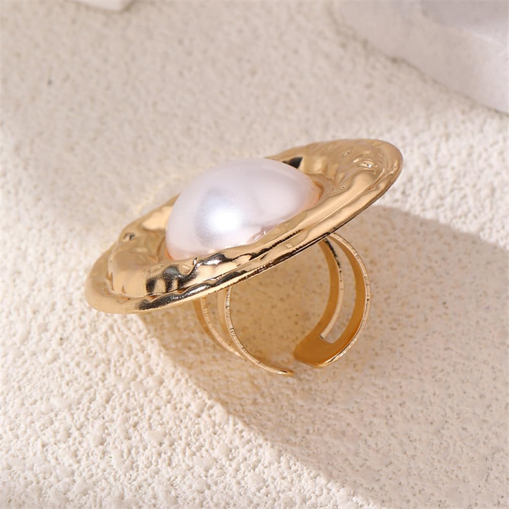 OIDIMS Chunky Pearl Statement Rings for Women Gold Plated Baroque Irregular Pearl Open Adjustable Large Ring Exaggeration Knuckle Finger Rings Promise Engagement Fashion Wedding Jewelry Accessories