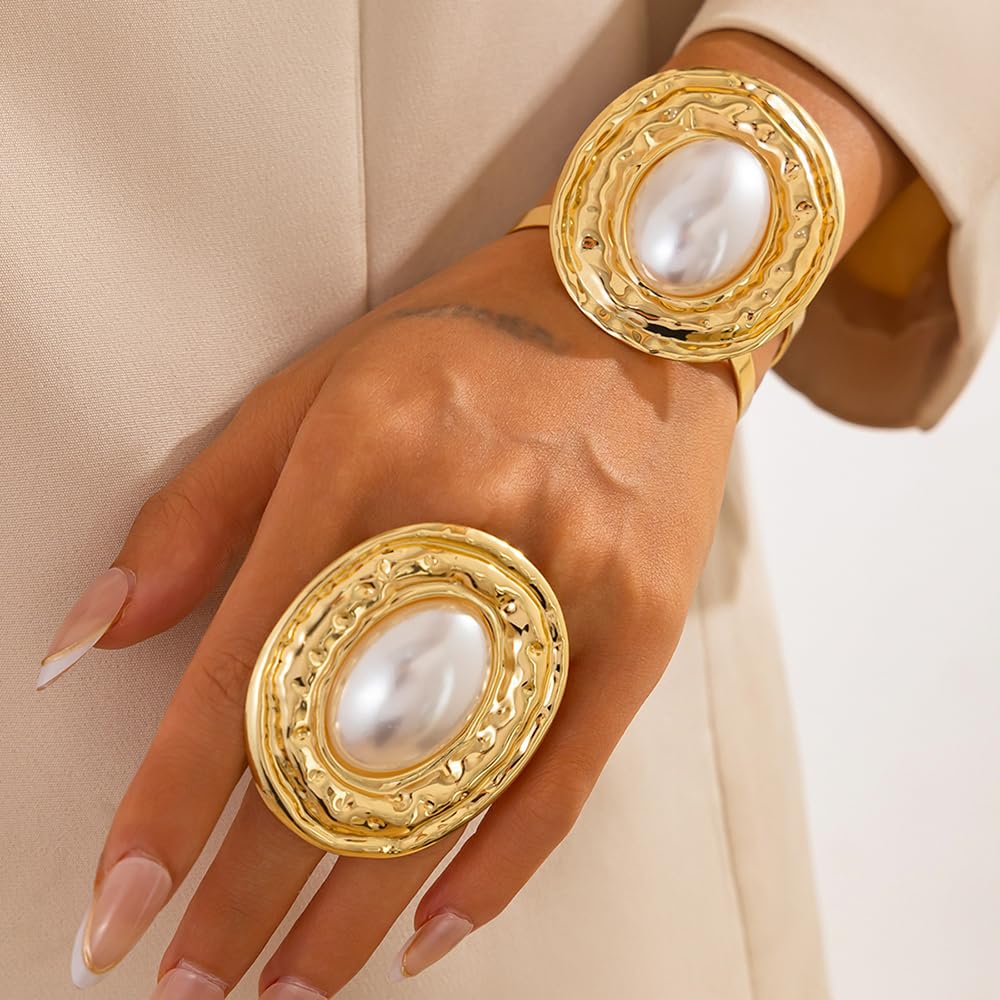 OIDIMS Chunky Pearl Statement Rings for Women Gold Plated Baroque Irregular Pearl Open Adjustable Large Ring Exaggeration Knuckle Finger Rings Promise Engagement Fashion Wedding Jewelry Accessories