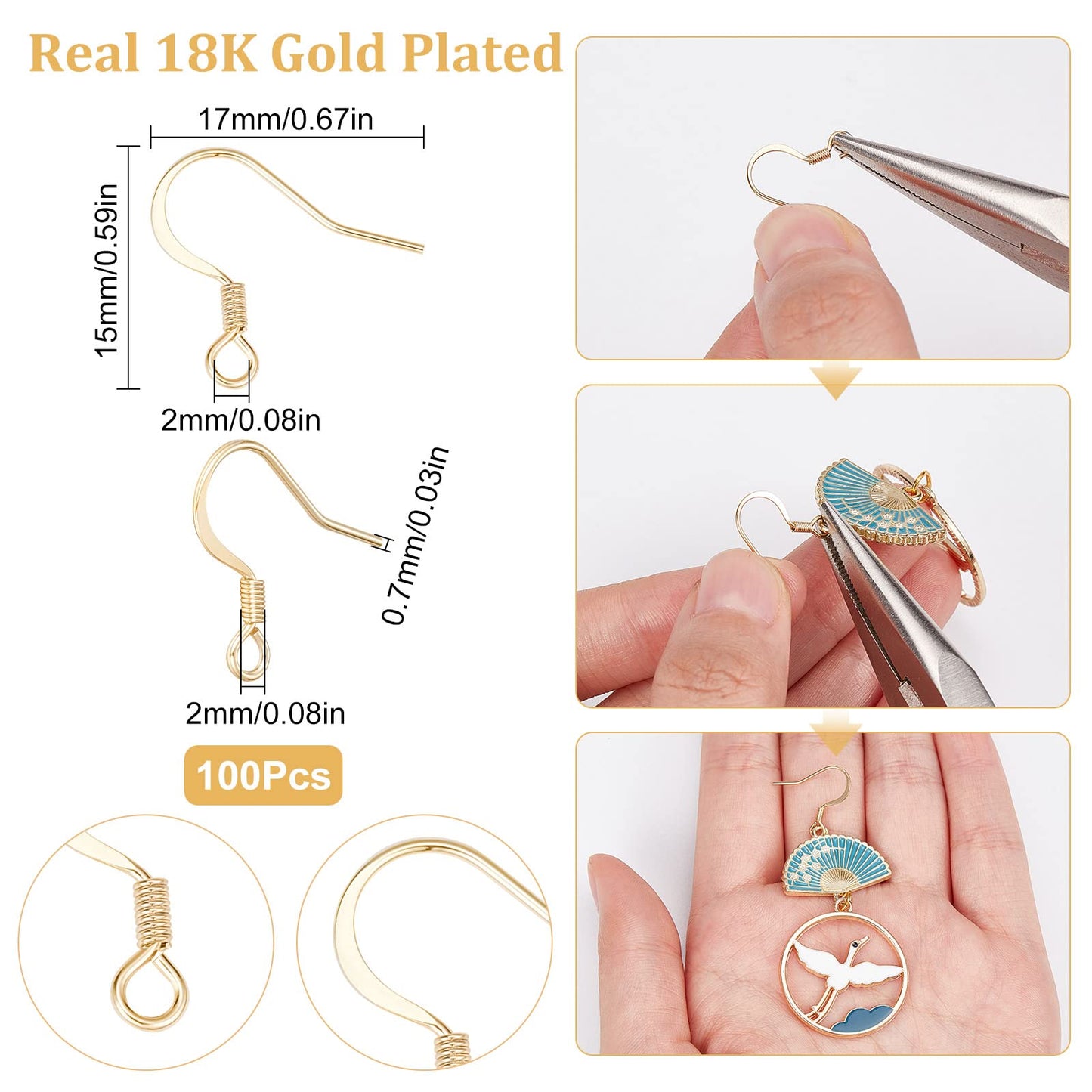 SUNNYCLUE 1 Box 18k Gold Plated Earring Hooks French Ear Hooks Fish Hook Earrings Ear Wires Fishhook Earring Findings for jewellery Making Adult DIY Dangle Earrings Craft Accessories Supply